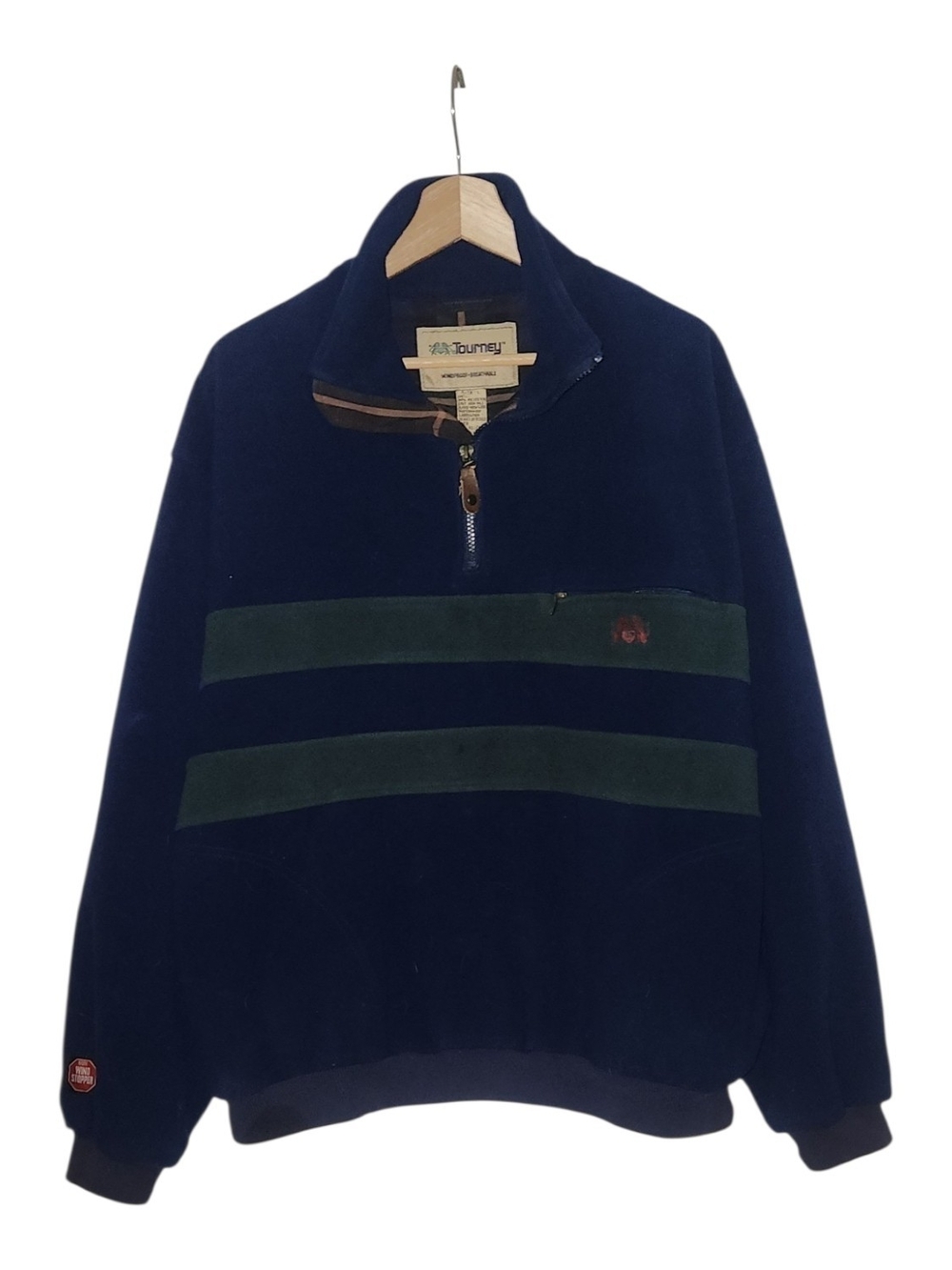 Tourney Windshirt Mens Large Navy Blue Green Stripe Fleece Quarter Zip Pullover